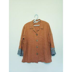 Stonebridge Women L Shacket Blouse Button Orange Embroidered Sleeve Linen Blend